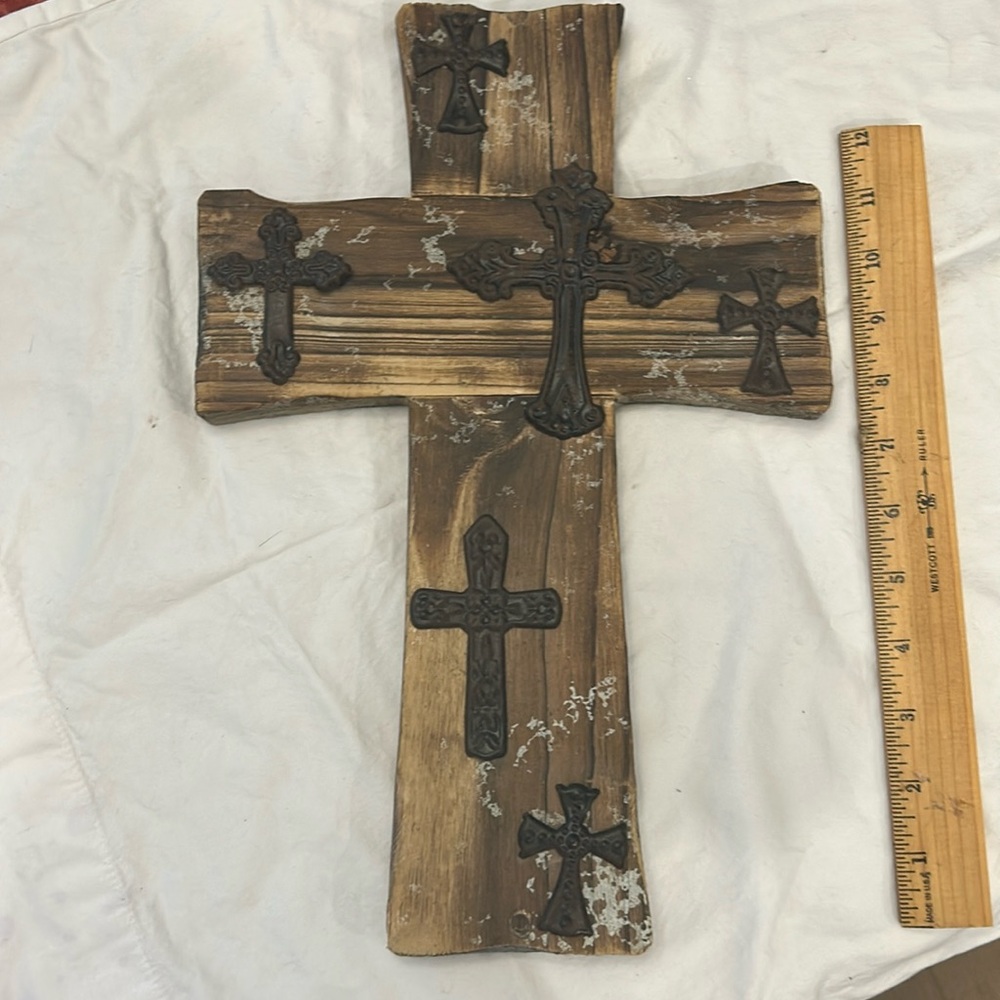 Wooden cross with iron cross accents